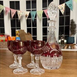 Antique set Elegant Crystal Decanter Set with Red Accents